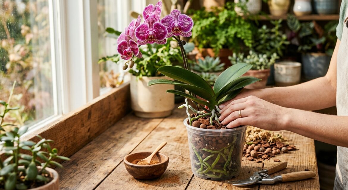 Pessoa a cuidar de uma orquídea roxa num vaso transparente sobre uma bancada de madeira