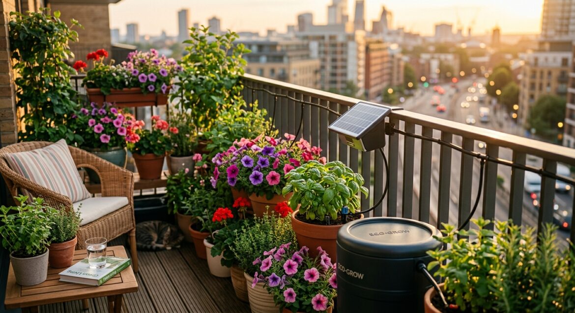 Varanda urbana repleta de plantas e flores com um sistema de rega automático alimentado por um painel solar