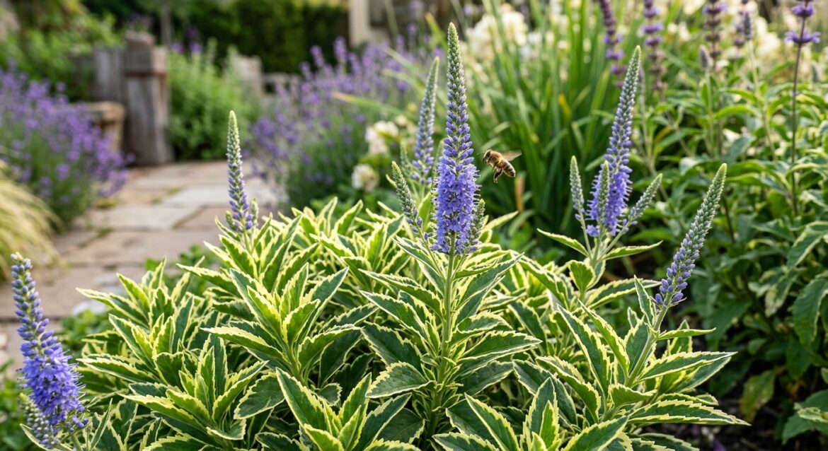 Abelha a voar em direção a uma espiga de flor roxa numa planta com folhas verdes e amarelas num jardim