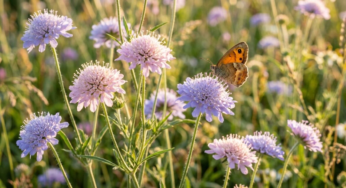 Borboleta laranja e castanha pousada numa flor lilás num prado iluminado pelo sol