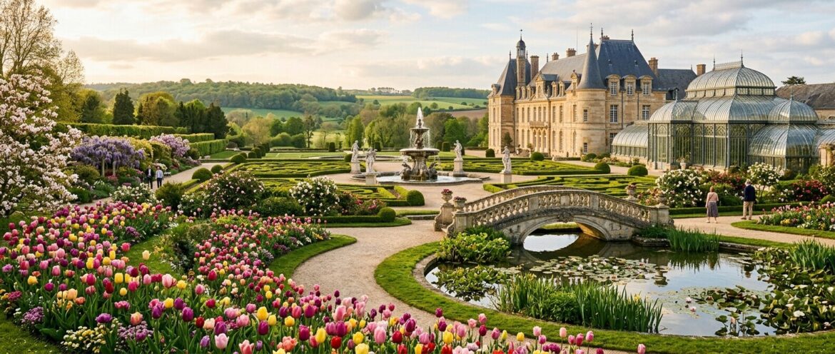 Castelo majestoso com jardins formais, estufa de vidro, fonte central e ponte de pedra sobre um lago com nenúfares