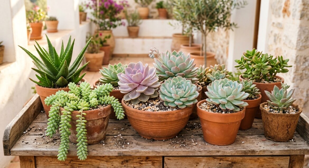 Diversas plantas suculentas em vasos de barro sobre uma mesa de madeira rústica