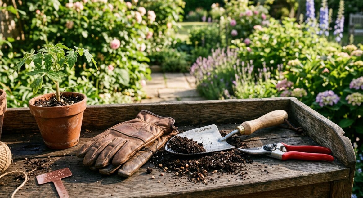 Ferramentas de jardinagem, luvas e um pequeno tomateiro num vaso sobre uma bancada de madeira num jardim florido