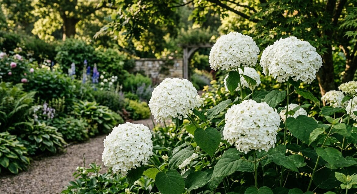 Hortênsias brancas em flor num jardim luxuriante com um caminho de cascalho