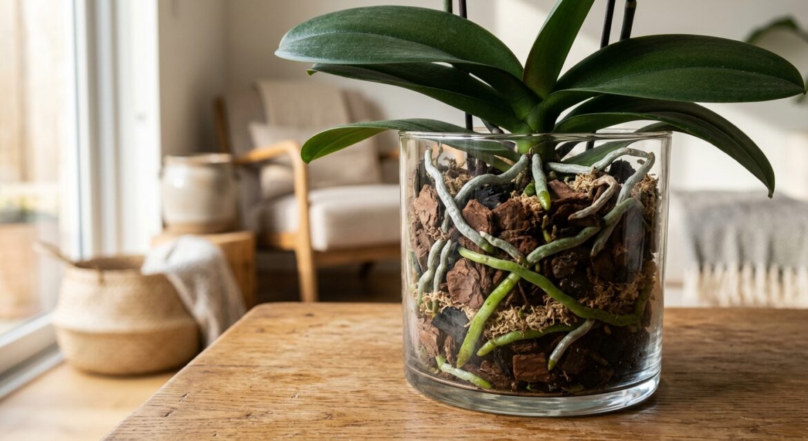 Orquídea com raízes visíveis num vaso de vidro transparente com casca de árvore e musgo