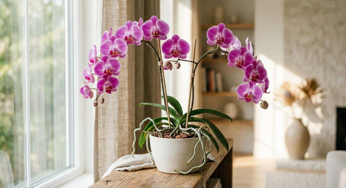 Orquídea Phalaenopsis de cor púrpura num vaso de cerâmica branco, colocada sobre um móvel de madeira junto a uma janela