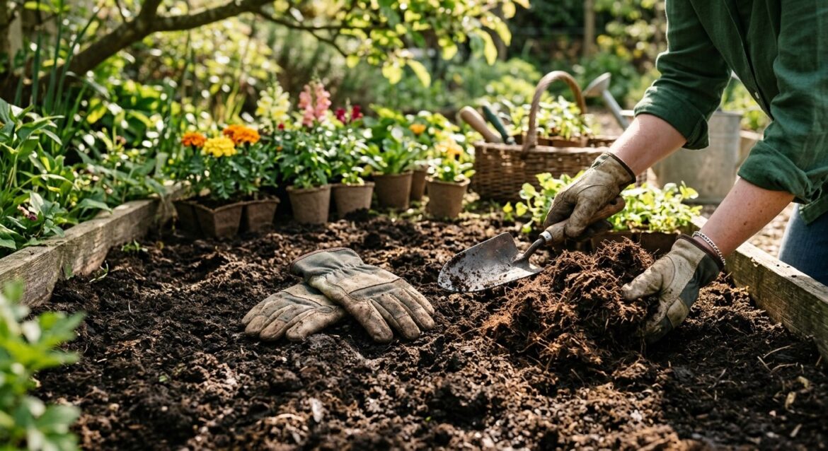 Pessoa a trabalhar a terra num canteiro com uma pá de mão, rodeada por vasos de flores e ferramentas de jardinagem